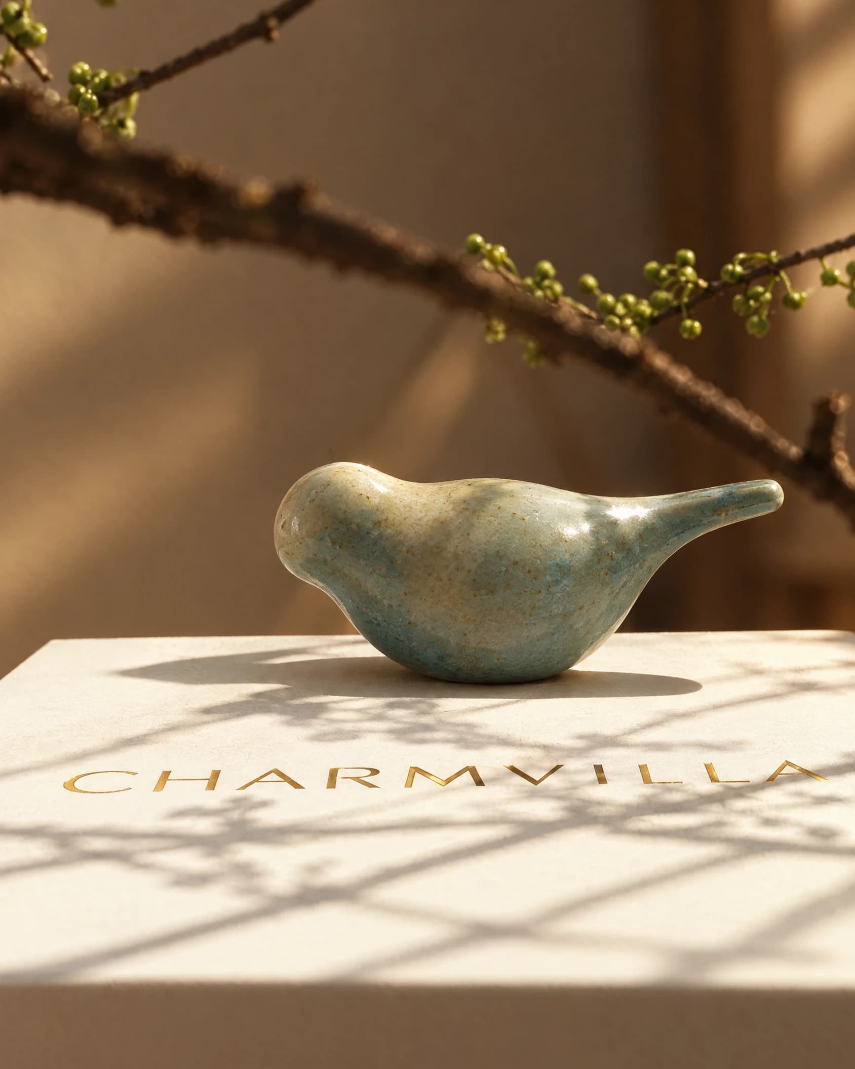 A Songbird Chopstick Rest on a white CHARM VILLA gift box