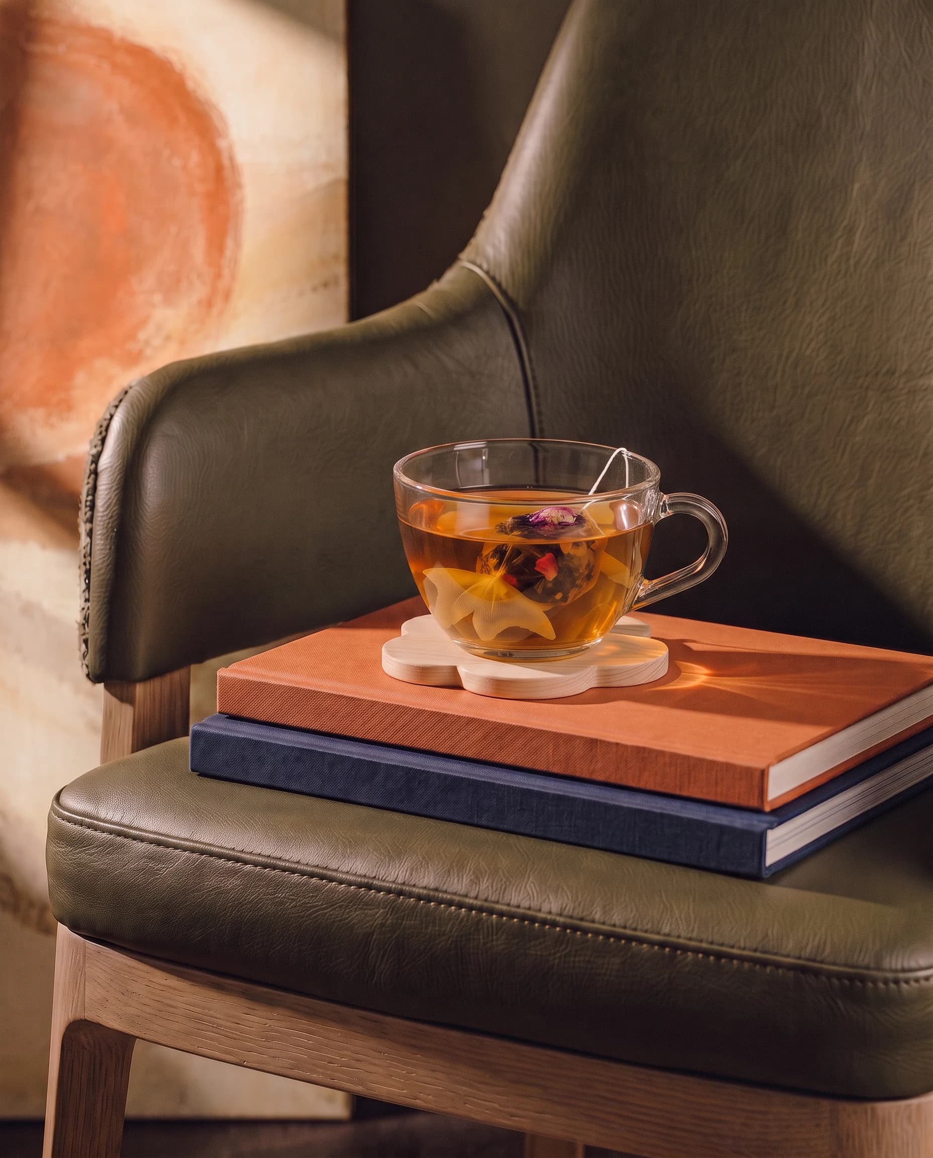Goldfish tea on a Cloud Coaster, resting on stacked books