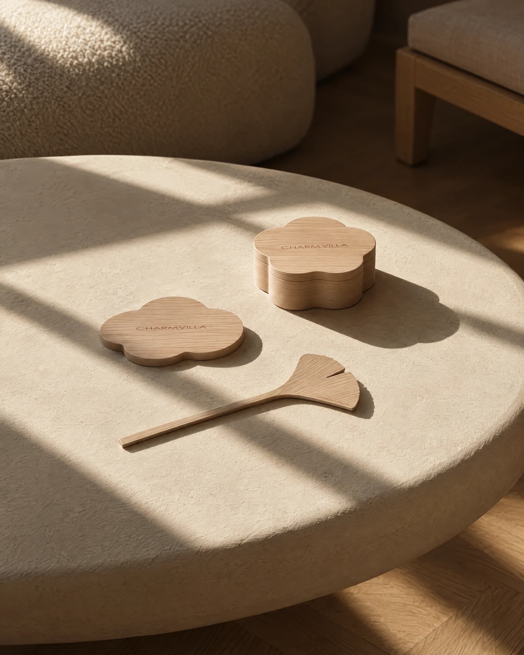 The Cloud Coaster and Ginkgo Teaspoon in sunlight